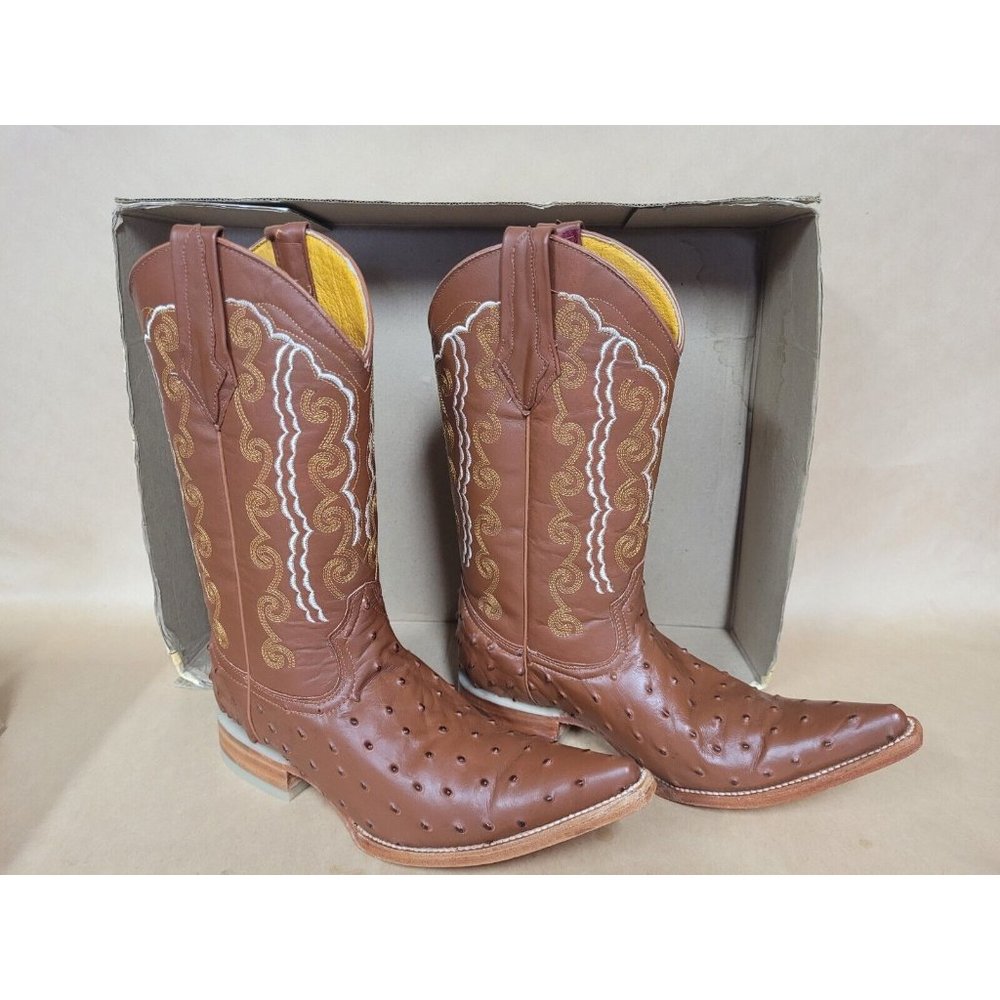 Tierra Blanca Ostrich Cowboy Boots, Cognac, Men Size 6.5, Women Size 8.5
